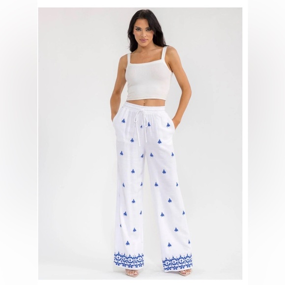 Milk & Honey Pants - Bohemian Linen Wide Leg Embroidered Pants